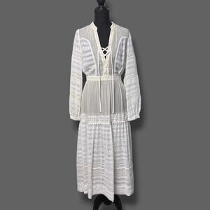 Karen Millen The Atelier Silk Lace Up Prairie Boho Cream Sheer Dress Sz 6